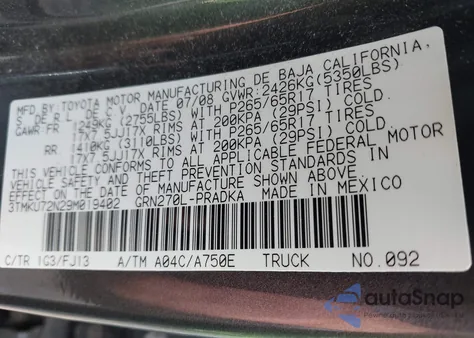 2009 Toyota Tacoma Prerunner V6 z USA, uszkodzony, nr VIN 3TMKU72N29M019402